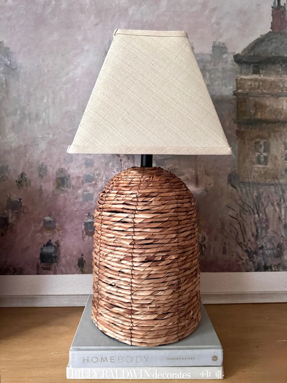 Elegant Natural Woven Table Lamp with Cream Shade - Excellent condition